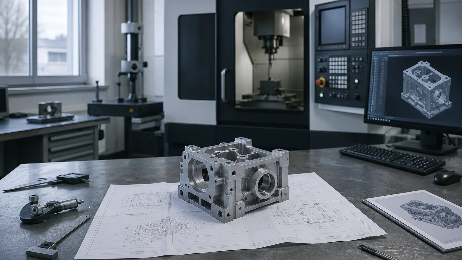 Gefrästes Gehäuseteil auf einer ausgebreiteten technischen Zeichnung, dahinter eine CNC-Fräsmaschine und ein Bildschirm mit demselben Bauteil als 3D-Modell