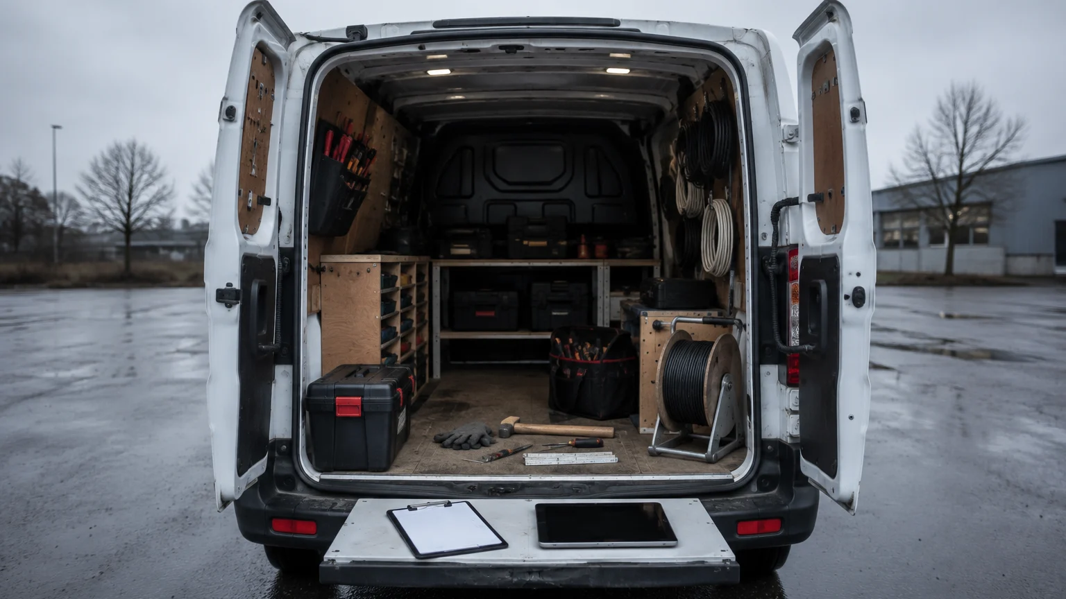 Geöffneter Handwerkertransporter mit Werkzeugregal und Kabeltrommeln, auf der Ladekante liegen ein Klemmbrett und ein Tablet